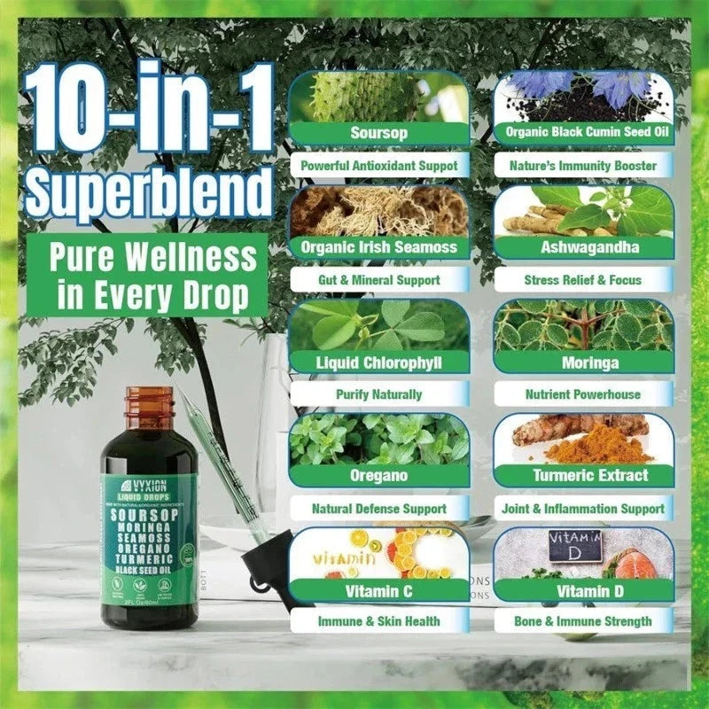 10 in 1 Soursop Bitters Liquid Drops with Sea Moss, Moringa, Turmeric, and Black Seed by Aurenza Shop shown in a dropper bottle.