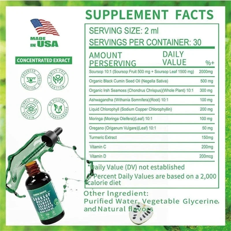 10-in-1 Soursop Bitters liquid drops with sea moss, moringa, turmeric, and black seed by Aurenza Shop, shown in a dropper bottle.