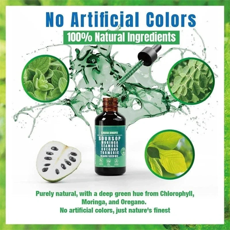 Aurenza Shop 10-in-1 Soursop Bitters liquid drops with sea moss, moringa, turmeric, and black seed in a glass bottle.