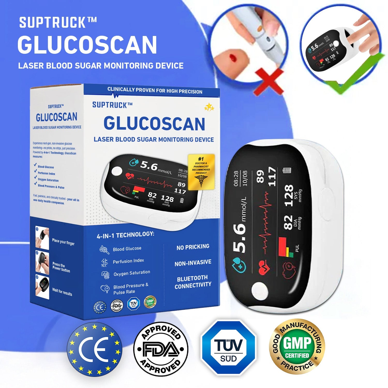 Aurenza Shop SUPTRUCK™ laser blood glucose monitoring device with wireless Bluetooth, non-invasive design, and real-time results.