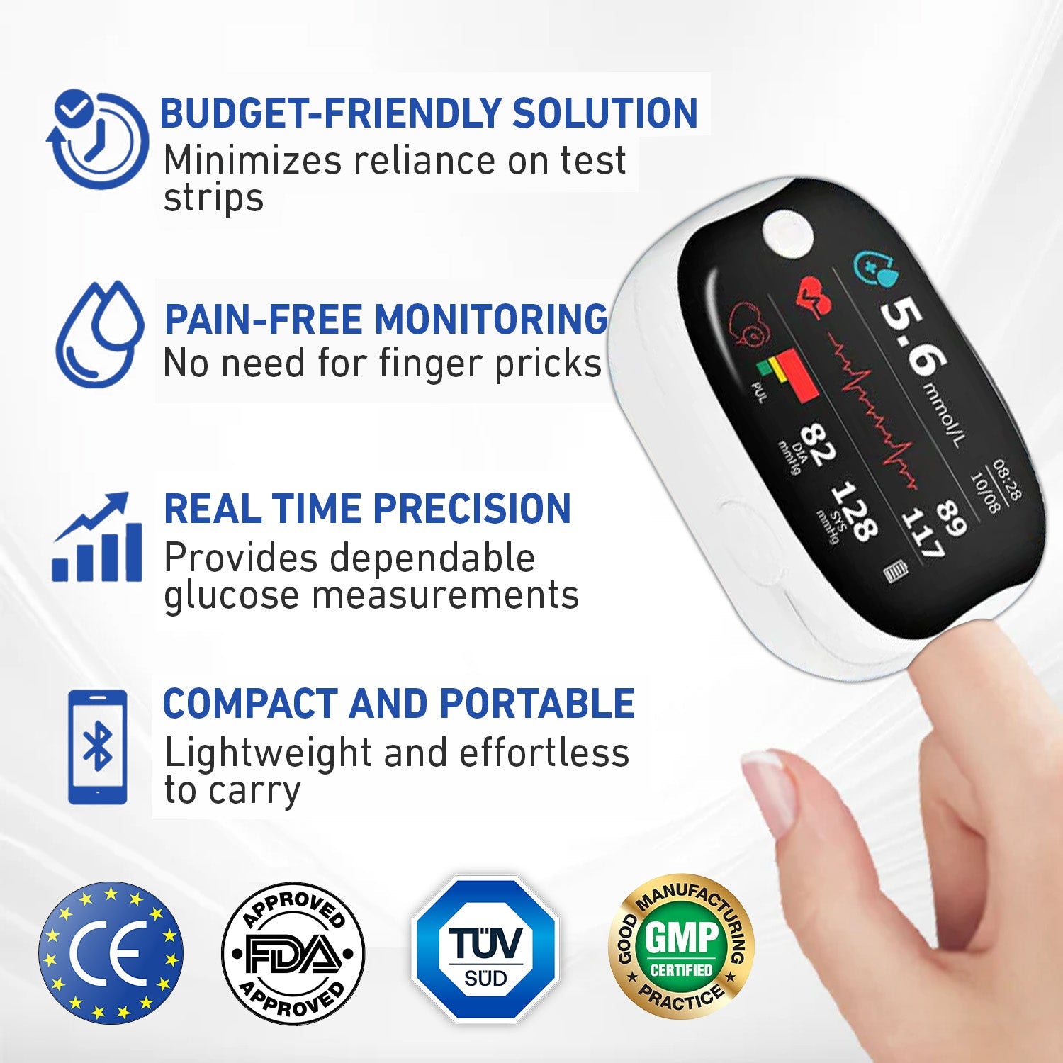 Aurenza SUPTRUCK Laser Blood Glucose Monitoring Device showing a sleek, wireless, non-invasive design with Bluetooth connectivity.