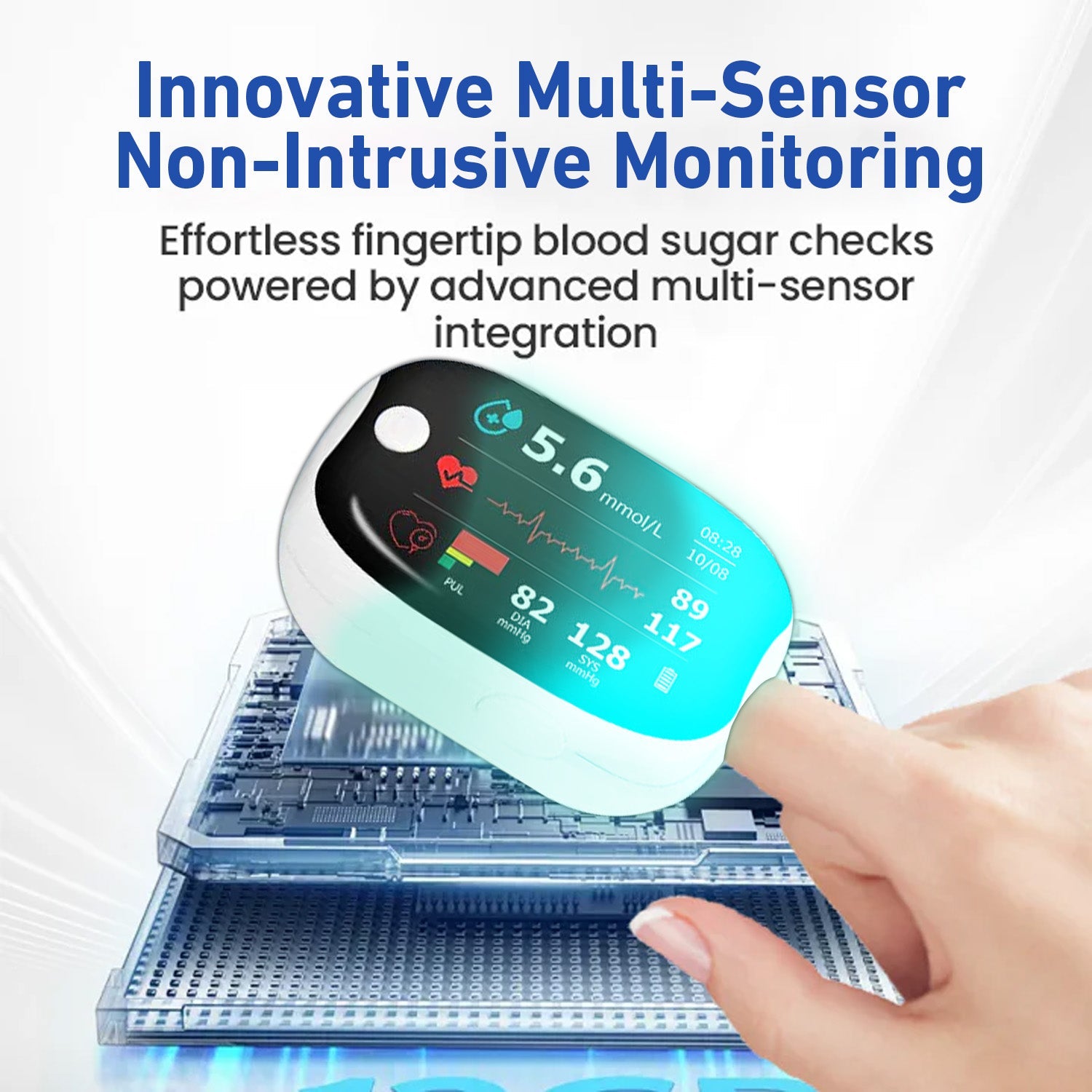 Aurenza Shop SUPTRUCK laser blood glucose monitoring device showing a sleek, wireless, non-invasive design with a digital display.