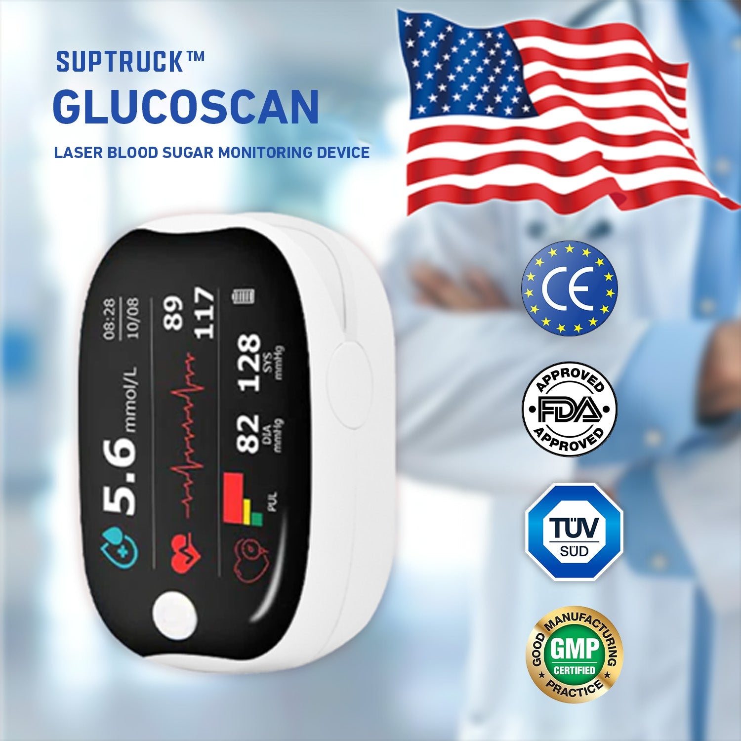 Aurenza Shop SUPTRUCK™ laser blood glucose monitoring device showing wireless Bluetooth connectivity and a sleek, portable design.