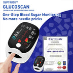 Aurenza Shop SUPTRUCK laser blood glucose monitoring device showing wireless Bluetooth connection and real-time, non-invasive glucose readings.
