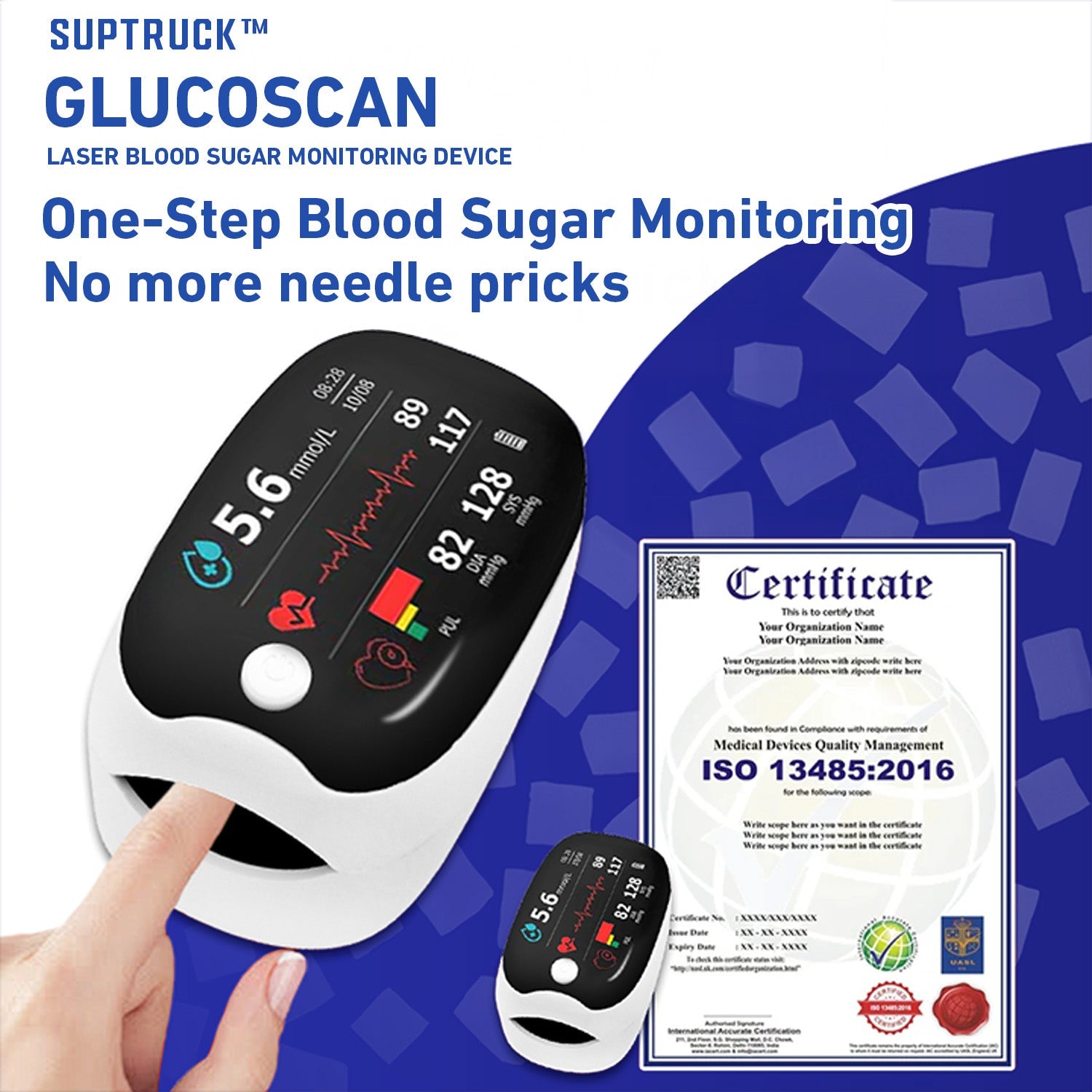 Aurenza Shop SUPTRUCK laser blood glucose monitoring device showing wireless Bluetooth connection and real-time, non-invasive glucose readings.