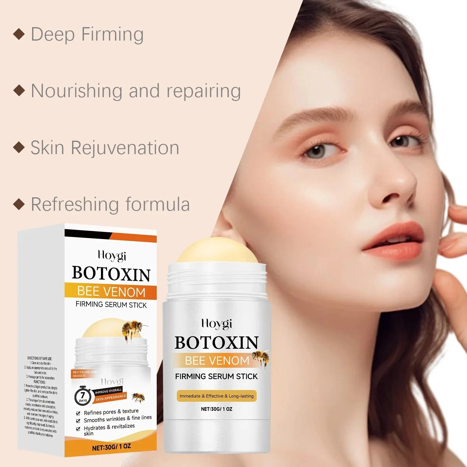 Aurenza Shop HOYGI 30g bee venom firming serum stick with sleek applicator for skin tightening and rejuvenation.