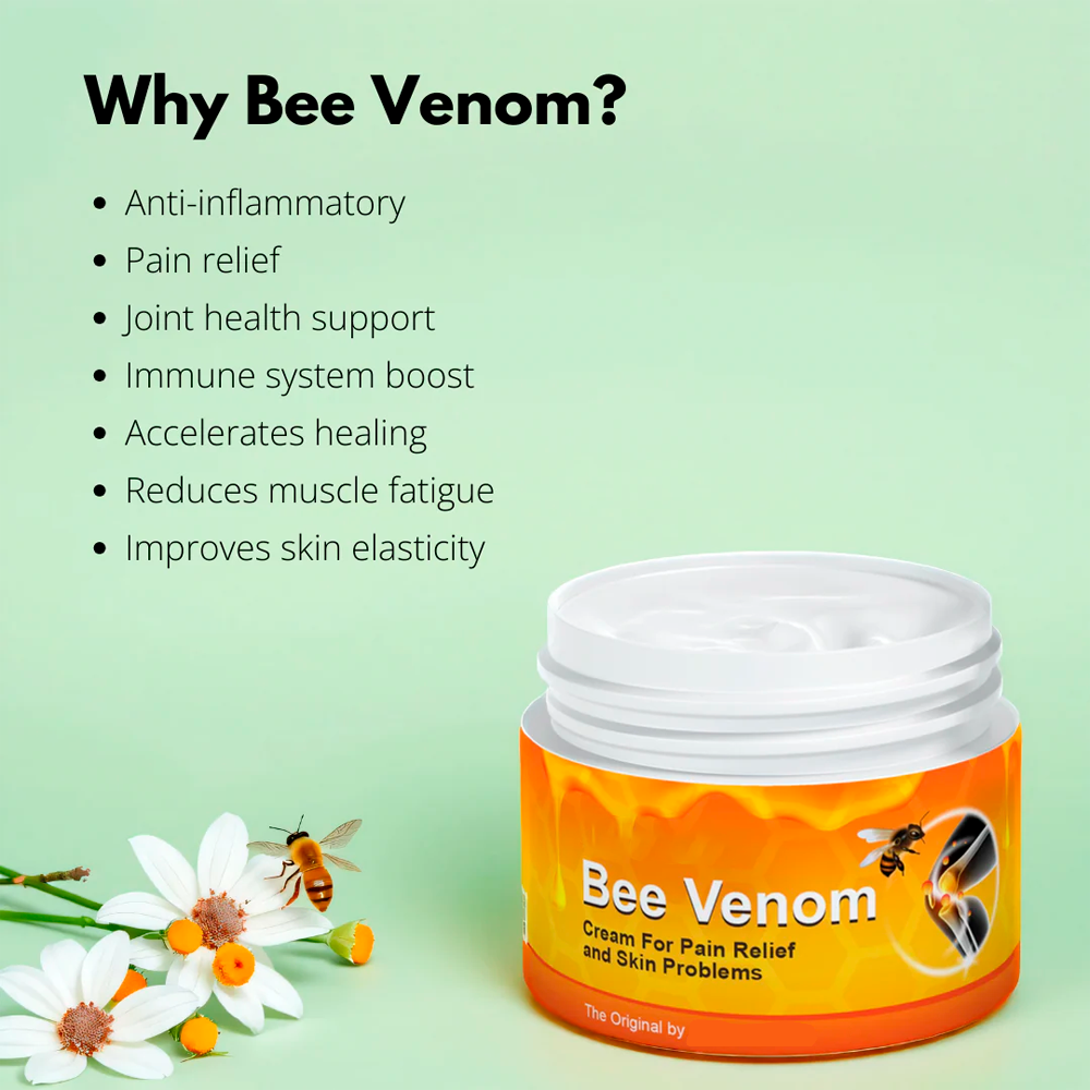 Aurenza Shop Bee Venom Cream jar with white lid, showing the product label and cream inside, on a plain background.
