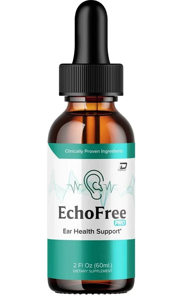 Aurenza Shop Echo Free Pro Healthy Ear Support liquid drops in a small bottle with a dropper for ear health support.
