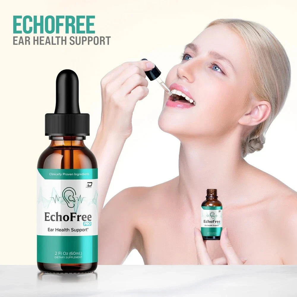 Aurenza Shop Echo Free Pro healthy ear support liquid drops in a bottle with a dropper for ear health care.
