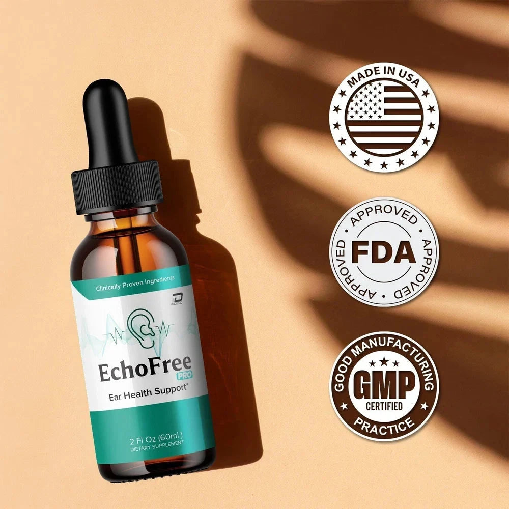 Aurenza Shop Echo Free Pro Healthy Ear Support liquid drops, bottle with dropper, for ear health and care.