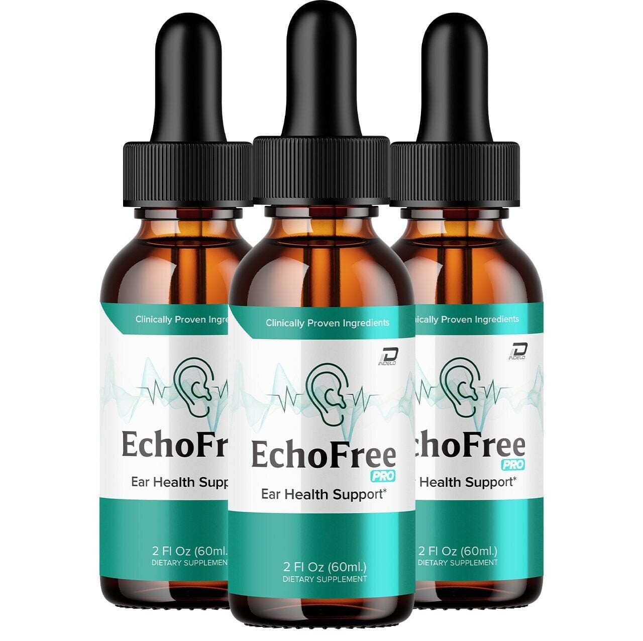 Aurenza Shop Echo Free Pro Healthy Ear Support liquid drops in a clear bottle with a dropper, designed for ear health support.