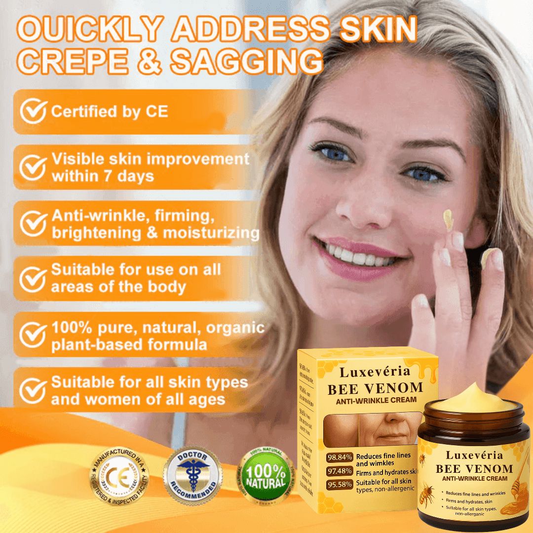 Two jars of Luxevéria Bee Venom Firming & Anti-Wrinkle Cream by Aurenza Shop, displayed with a promotional "Buy 1 Get 1 Free" offer.