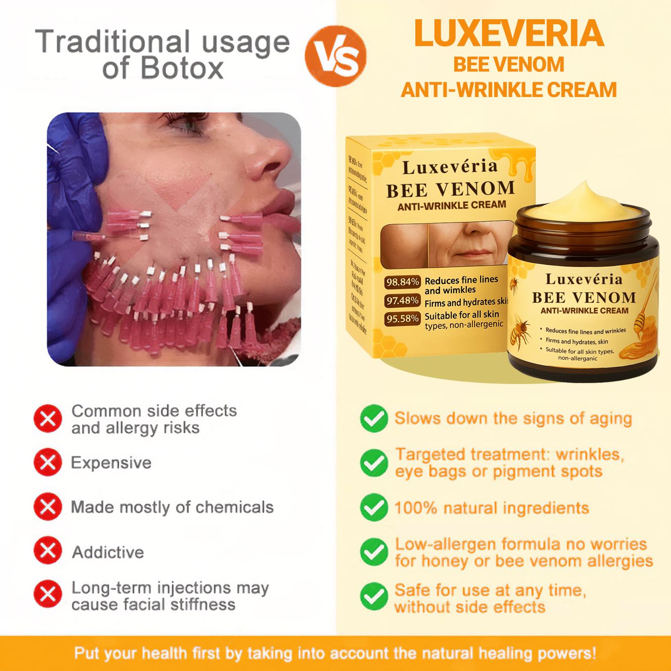 Two jars of Luxevéria Bee Venom Firming and Anti-Wrinkle Cream by Aurenza Shop, featuring the product's packaging and branding.