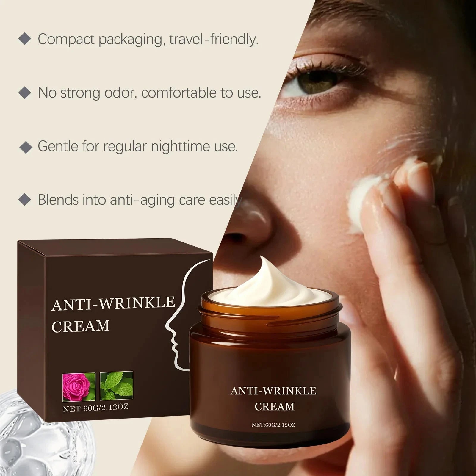 Aurenza Shop anti-wrinkle cream bottles showing 60g size, with a smooth, youthful skin appearance on the packaging.