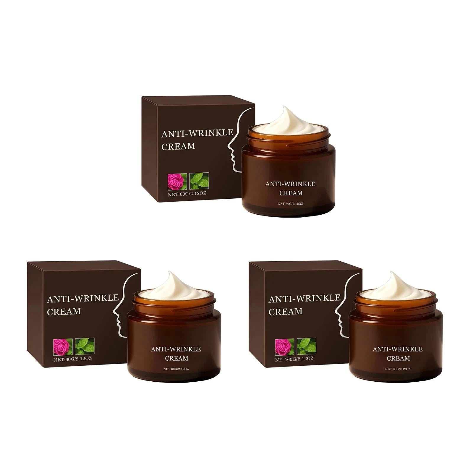 Aurenza Shop anti-wrinkle cream bottles, 2x60g, with smooth, youthful skin appearance and skincare packaging.