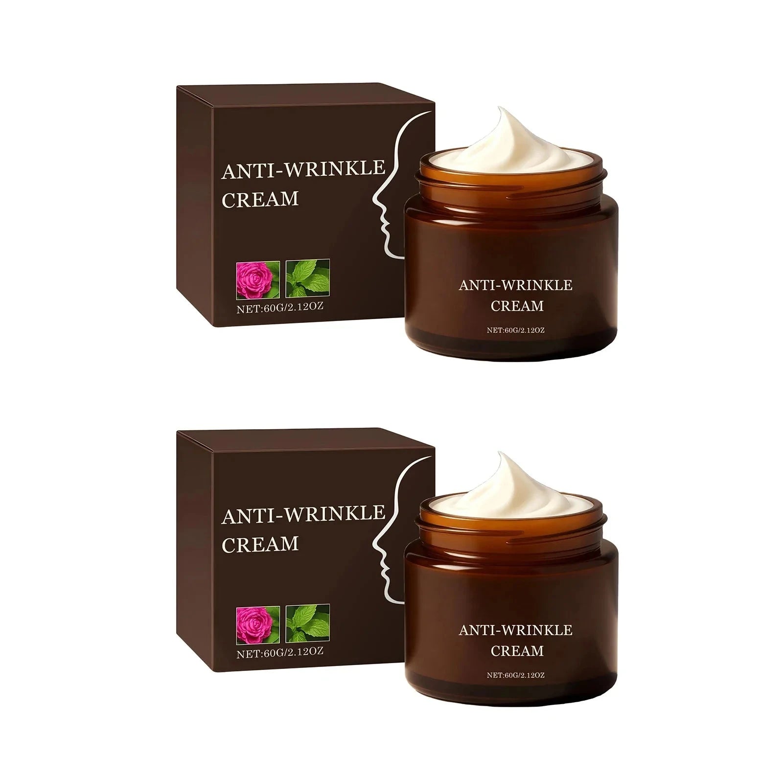 Aurenza Shop anti-wrinkle cream in two 60g jars, showing smooth skin and creamy texture for youthful appearance.