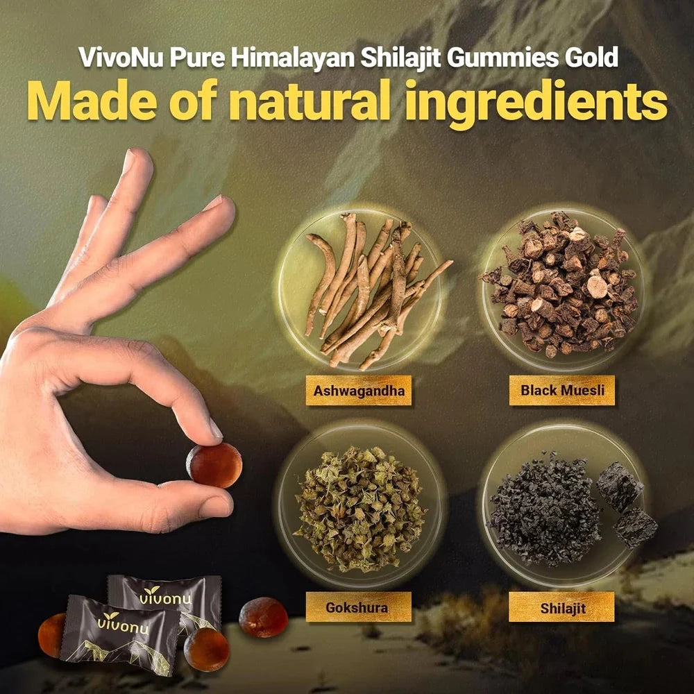 Himalayan Shilajit Gummies with Ashwagandha and Gokshura by Aurenza Shop, featuring 85+ trace minerals and natural ingredients.