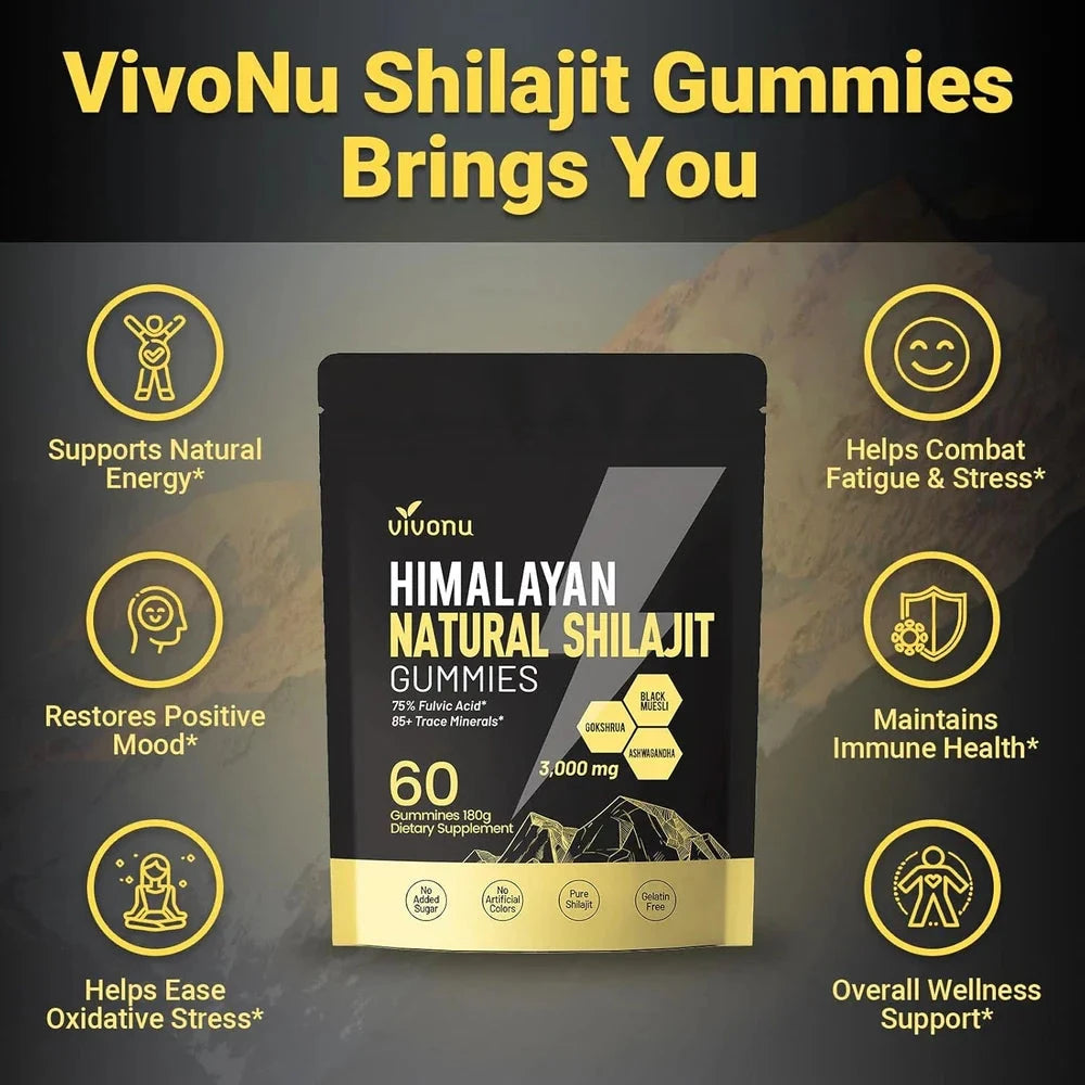 Himalayan Shilajit Gummies by Aurenza Shop with Ashwagandha and Gokshura, featuring 85+ trace minerals, shown in a jar with gummies.