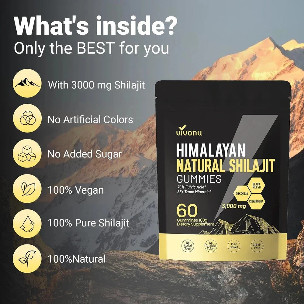 Himalayan Shilajit Gummies by Aurenza Shop with Ashwagandha and Gokshura, showing the bottle and gummies on a white background.