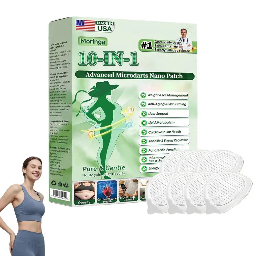 Aurenza Shop Moringa 10-in-1 Advanced Microdarts Nano Patch for weight loss and microneedle therapy, shown on a white background.