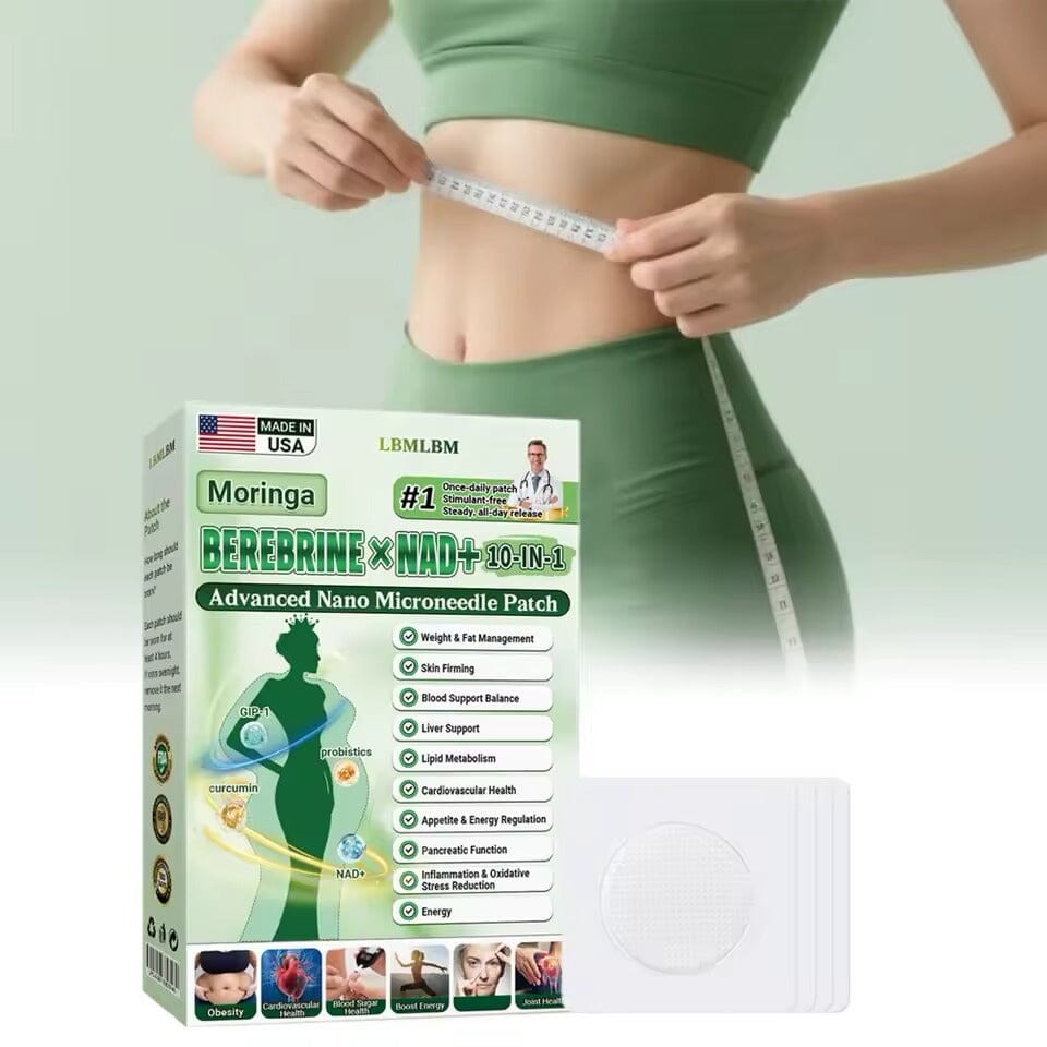 Aurenza Shop Moringa & Berberine 10-in-1 Advanced Nano Microneedle Patch showing the patch with detailed micro-needles and packaging.