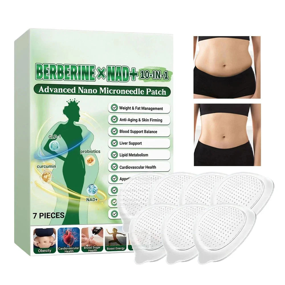 Aurenza Shop Moringa & Berberine 10-in-1 advanced nano microneedle patch showing the patch with visible tiny needles and packaging.