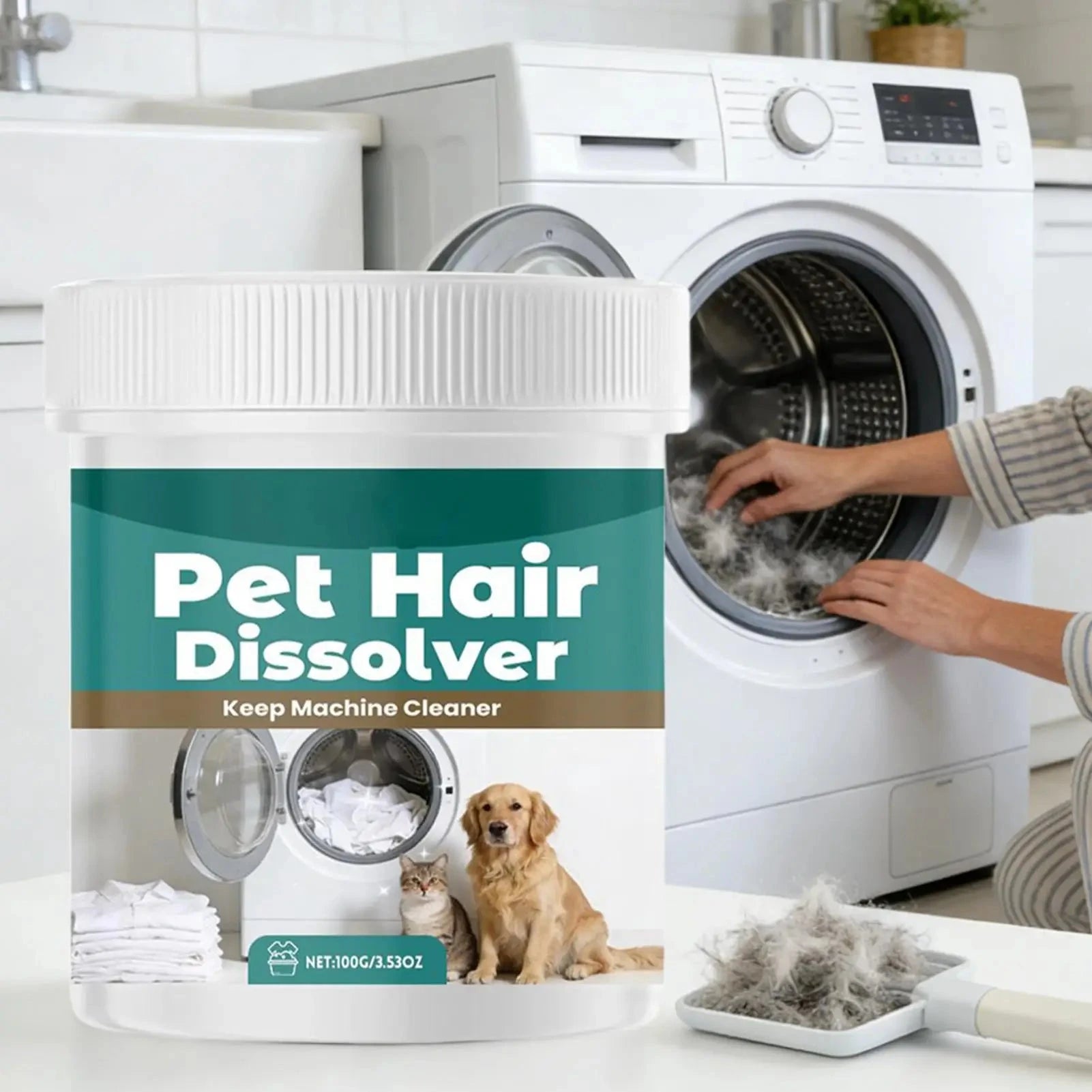 Aurenza Pet Hair Dissolver in a washing machine, showing the product bottle used for deep cleaning and removing pet hair and odors.