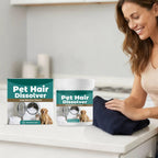 Aurenza Shop Pet Hair Dissolver for washing machines, showing the bottle and application for removing dog and cat hair from clothes.