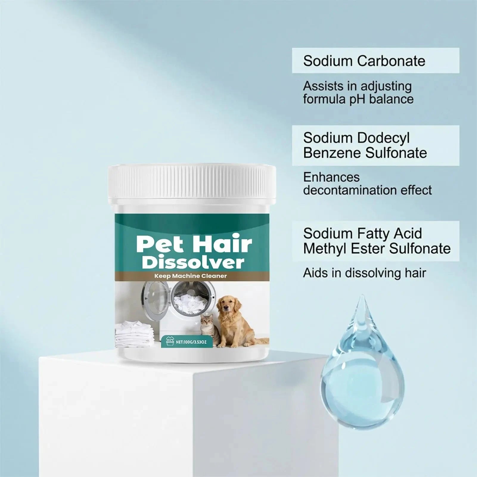 Aurenza Pet Hair Dissolver in a washing machine, showing its use as a deep cleaning agent for removing dog and cat hair from clothes.