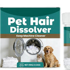 Aurenza Pet Hair Dissolver for washing machines, showing the container and example of clothes with pet hair removal and odor elimination.