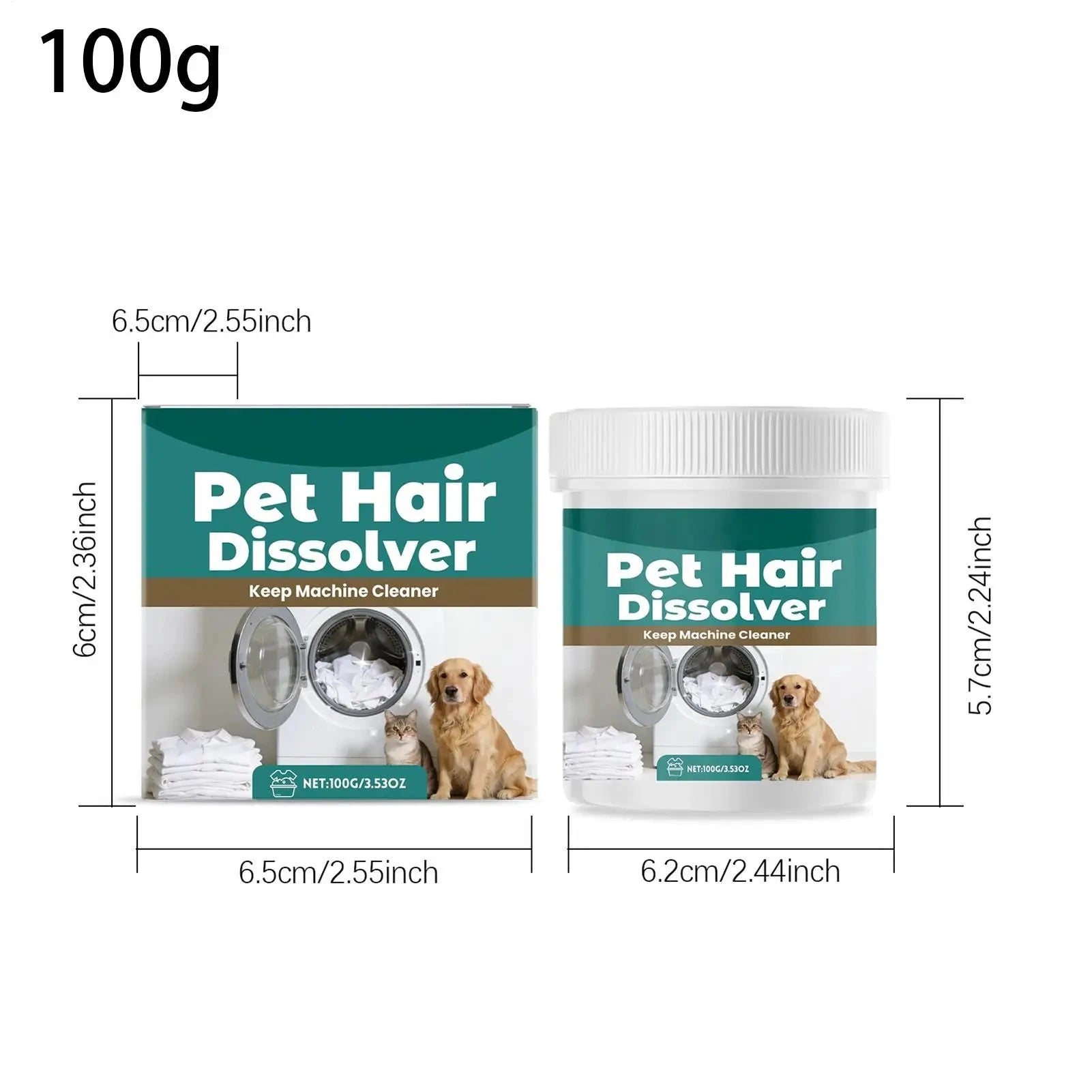 Aurenza Pet Hair Dissolver in a washing machine, showing its use as a deep cleaning and hair removal agent for clothes and odor.