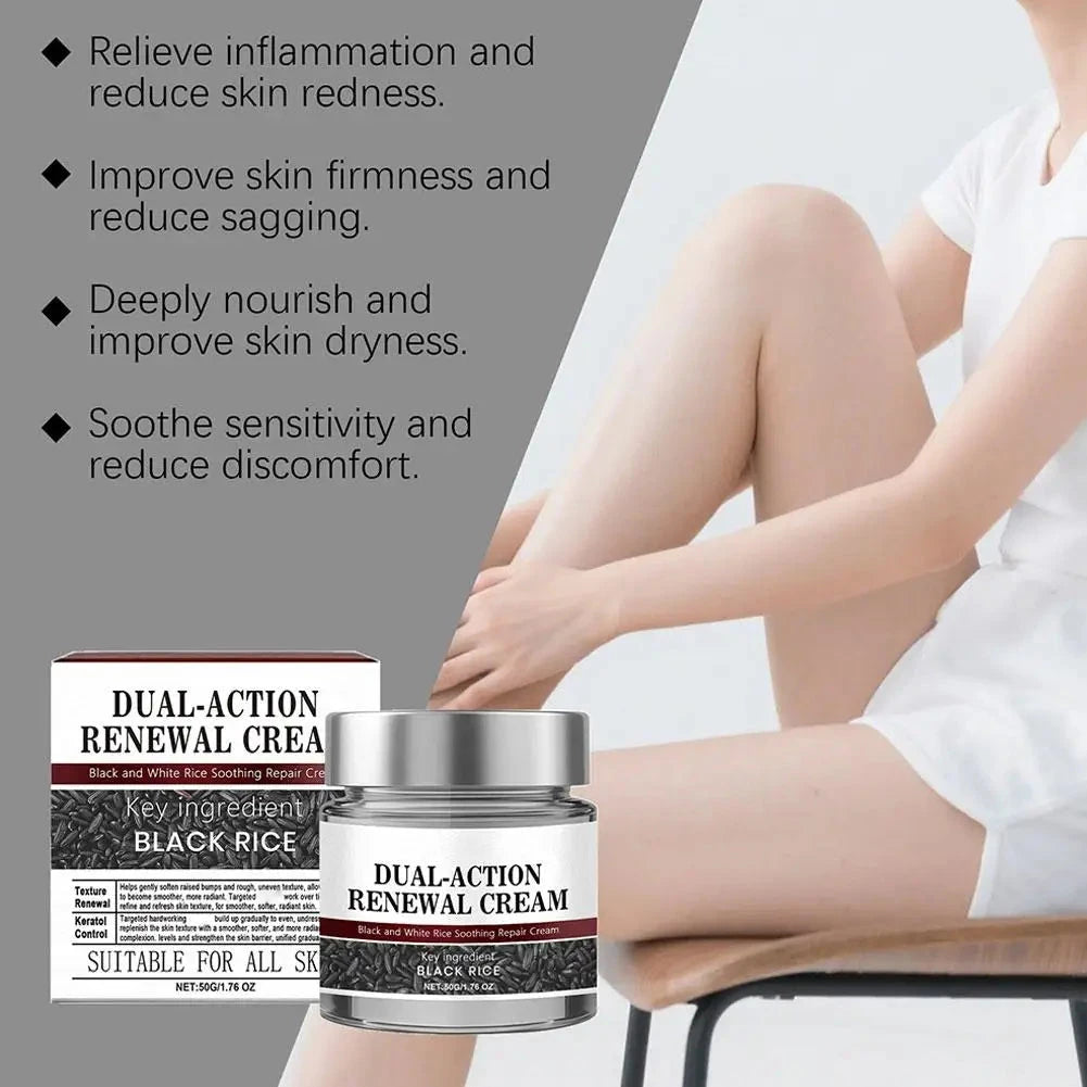 Aurenza Rice Face Renewal Cream 50g jar showing the smooth cream inside, designed for gentle repair, hydration, and skin revitalization.