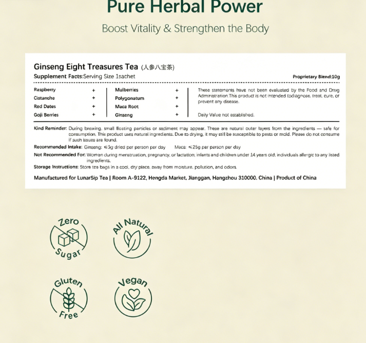 Set of 30 Ginseng and Mulberry Herbal Tea bags by Aurenza Shop, showcasing the tea packaging with natural ingredients.