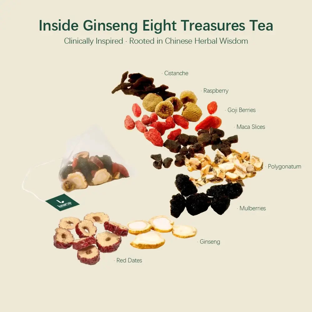 Aurenza Shop Ginseng and Mulberry Herbal Tea, 30 herbal tea bags in a box, natural ingredients for health and wellness.