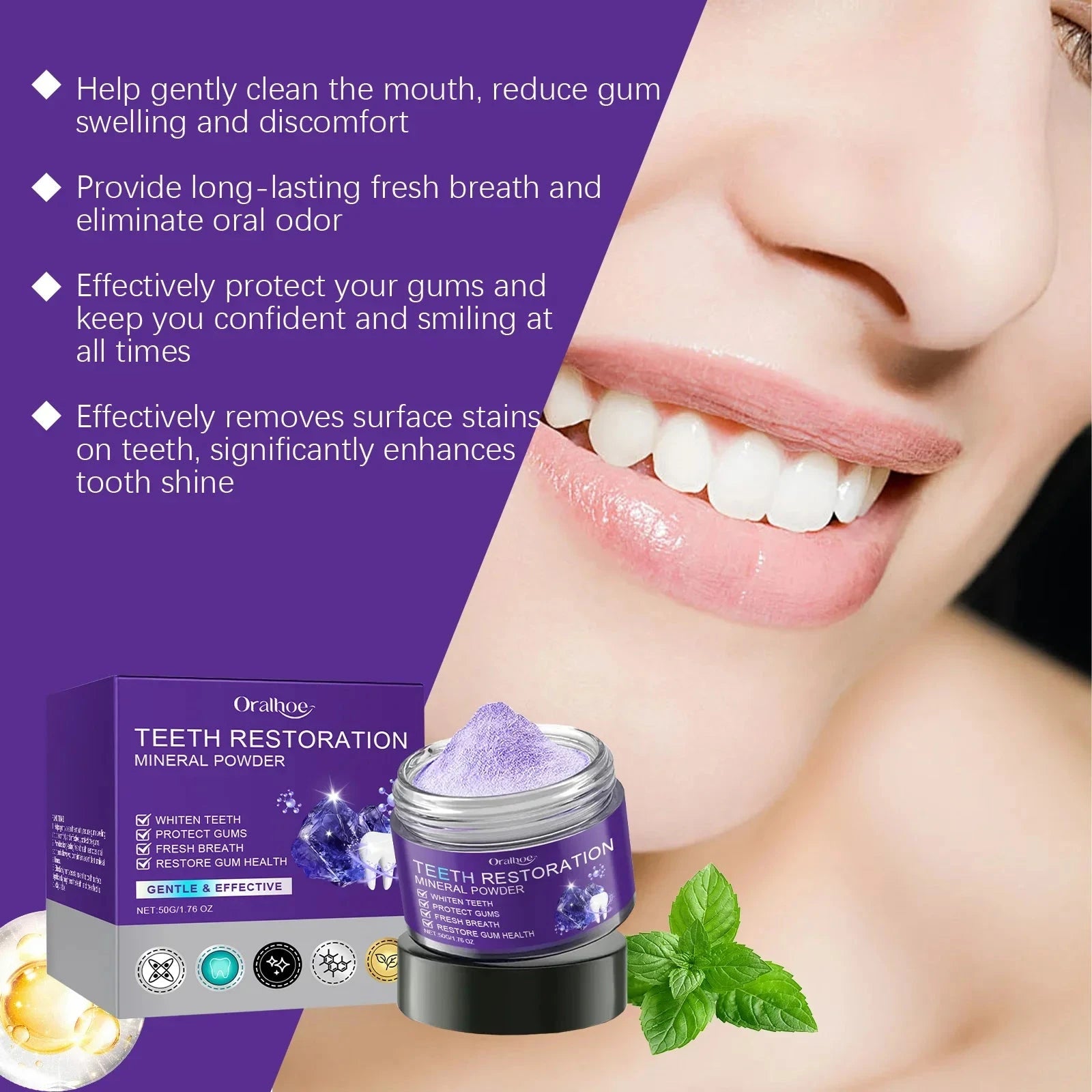 Aurenza Shop teeth whitening purple powder, oral clean, anti-tooth decay, fresh breath, gum strengthening, dental bleaching toothpaste