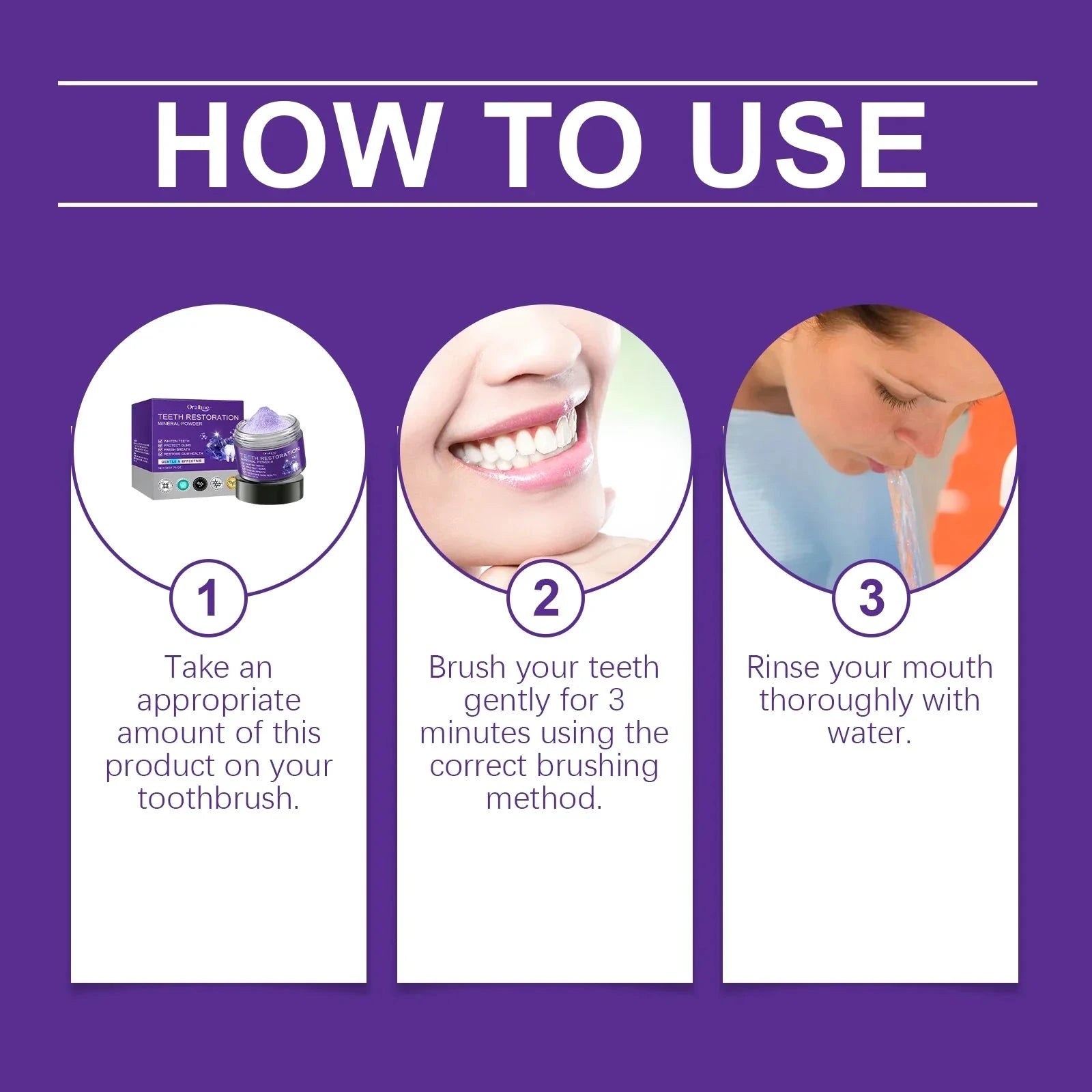Aurenza Shop teeth whitening purple powder for oral cleaning, anti-tooth decay, fresh breath, gum strengthening, and dental bleaching.