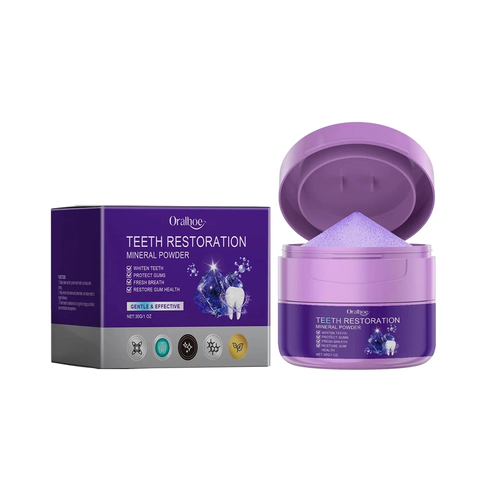 Aurenza Shop teeth whitening purple powder and dental bleaching toothpaste for oral cleaning, fresh breath, and gum strengthening.