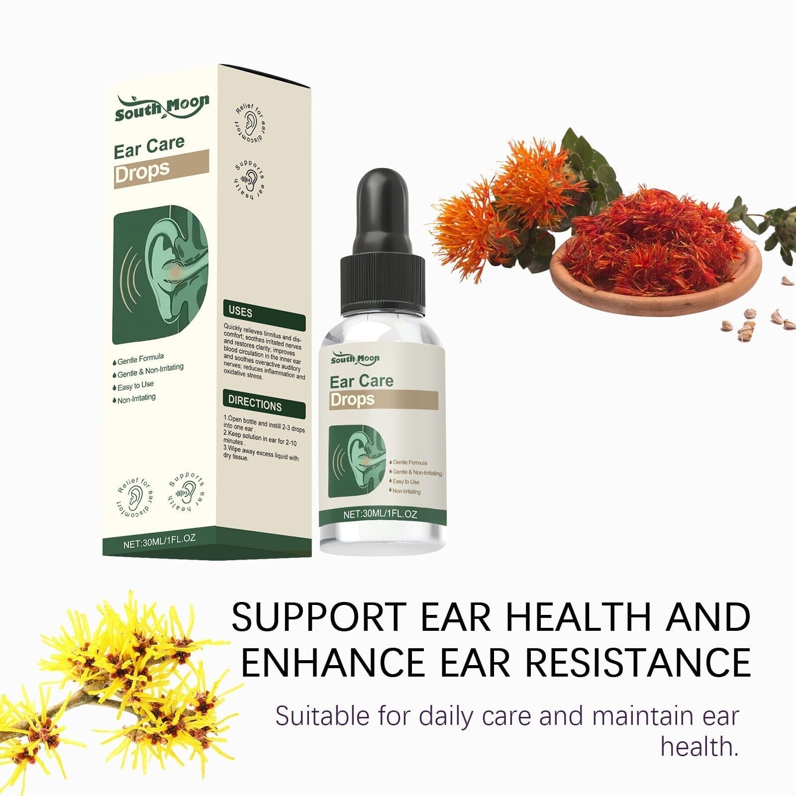 Aurenza Shop ear care solution in a 30ml bottle, clear liquid with dropper cap for ear cleaning and soothing.