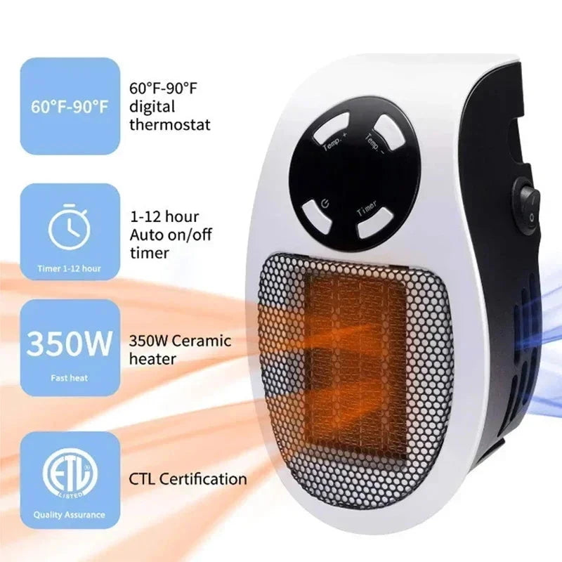 Aurenza Shop portable electric wall-mounted heater with warm air blower for home heating, shown installed on a wall.