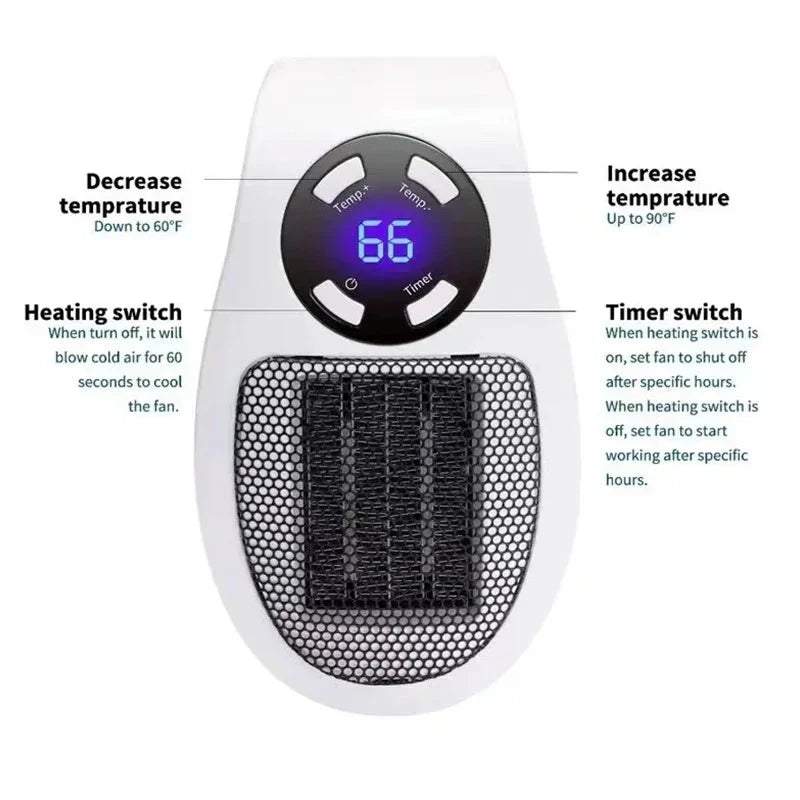 Wall-mounted portable electric heater by Aurenza Shop, compact warm air blower for home heating and comfort.