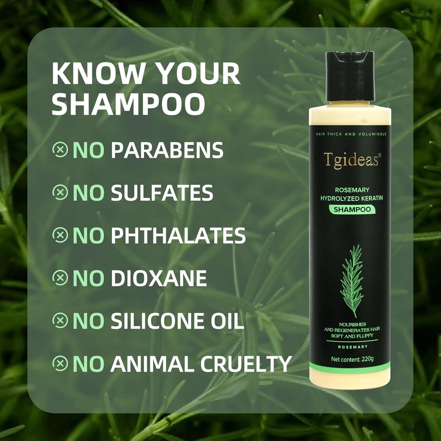 Aurenza Shop Tgideas Rosemary Shampoo bottle with label, showing a natural hair care product in a clear plastic bottle.