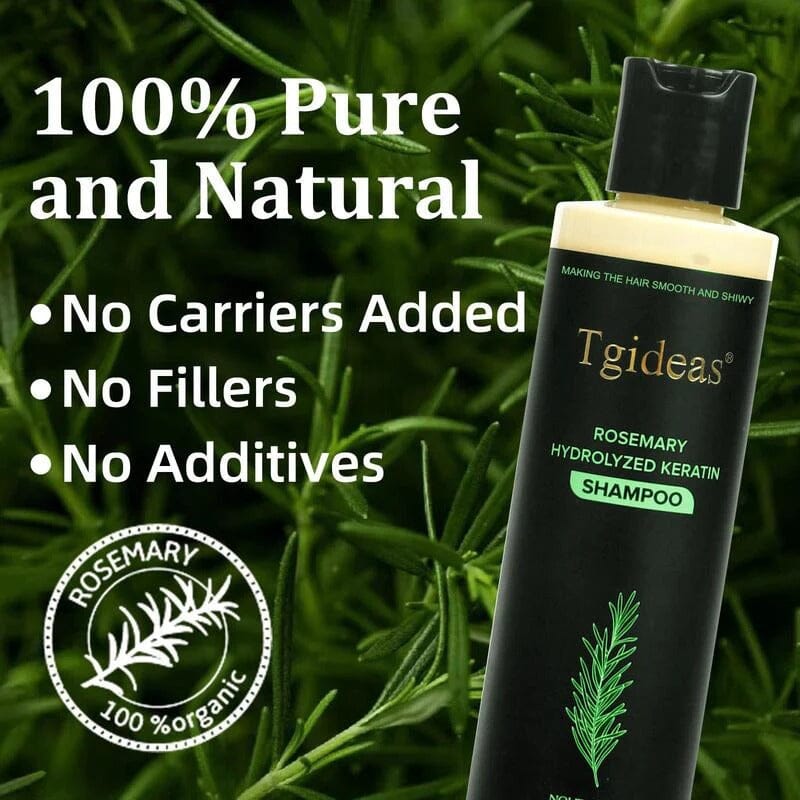 Aurenza Shop Tgideas Rosemary Shampoo bottle with label, placed on a white background, showcasing natural ingredients and branding.