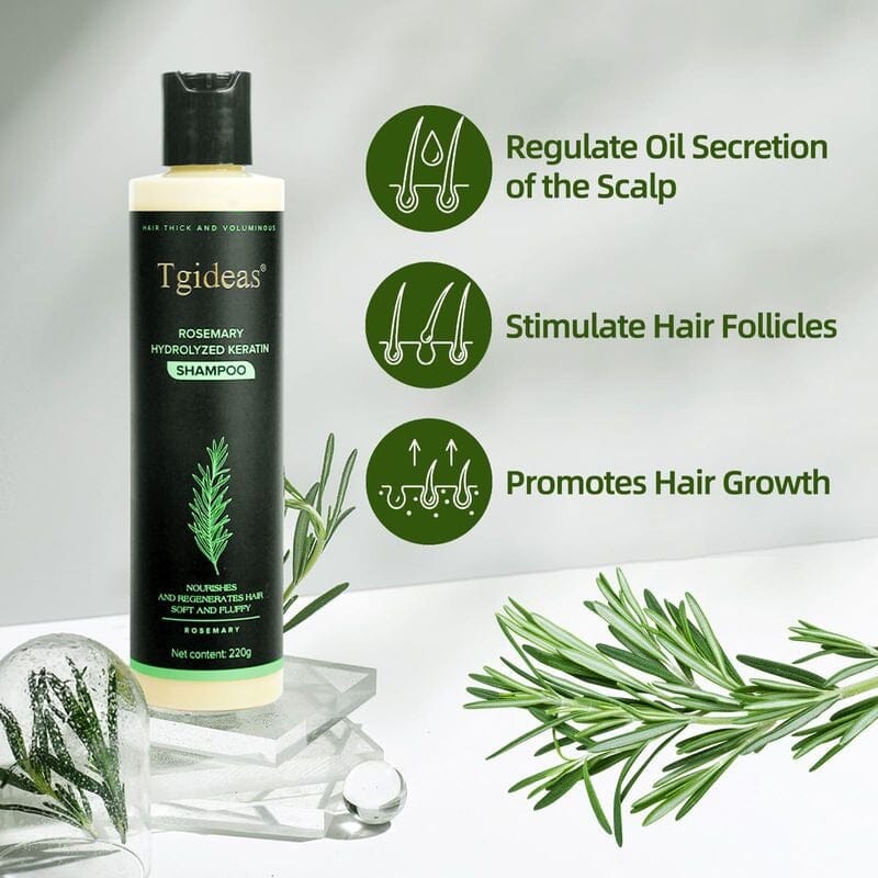 Aurenza Shop Rosemary Shampoo bottle with green label and plant illustrations, positioned on a white background.