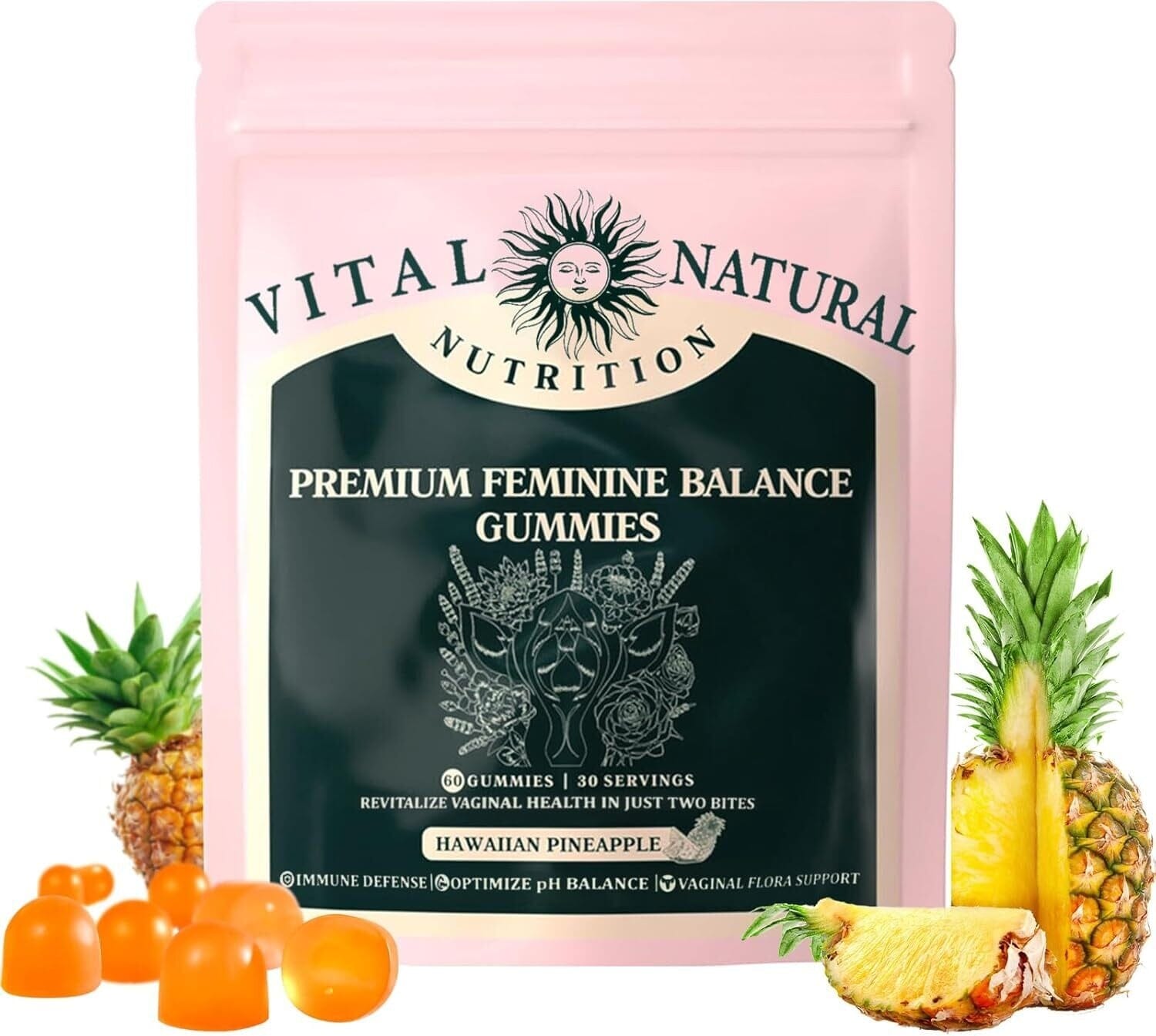 Vital Source Feminine Balance Gummies by Aurenza Shop in Hawaiian Pineapple flavor, showing 60 gummies in a clear bottle.