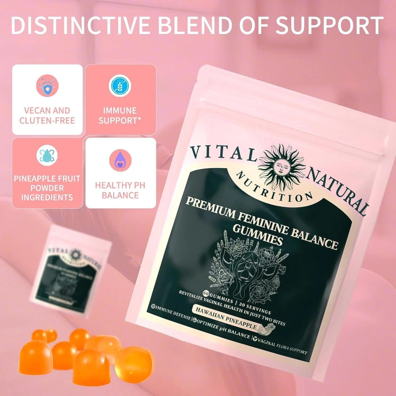 Vital Source Feminine Balance Gummies by Aurenza Shop in Hawaiian Pineapple flavor, showing 60 gummies in a clear container.