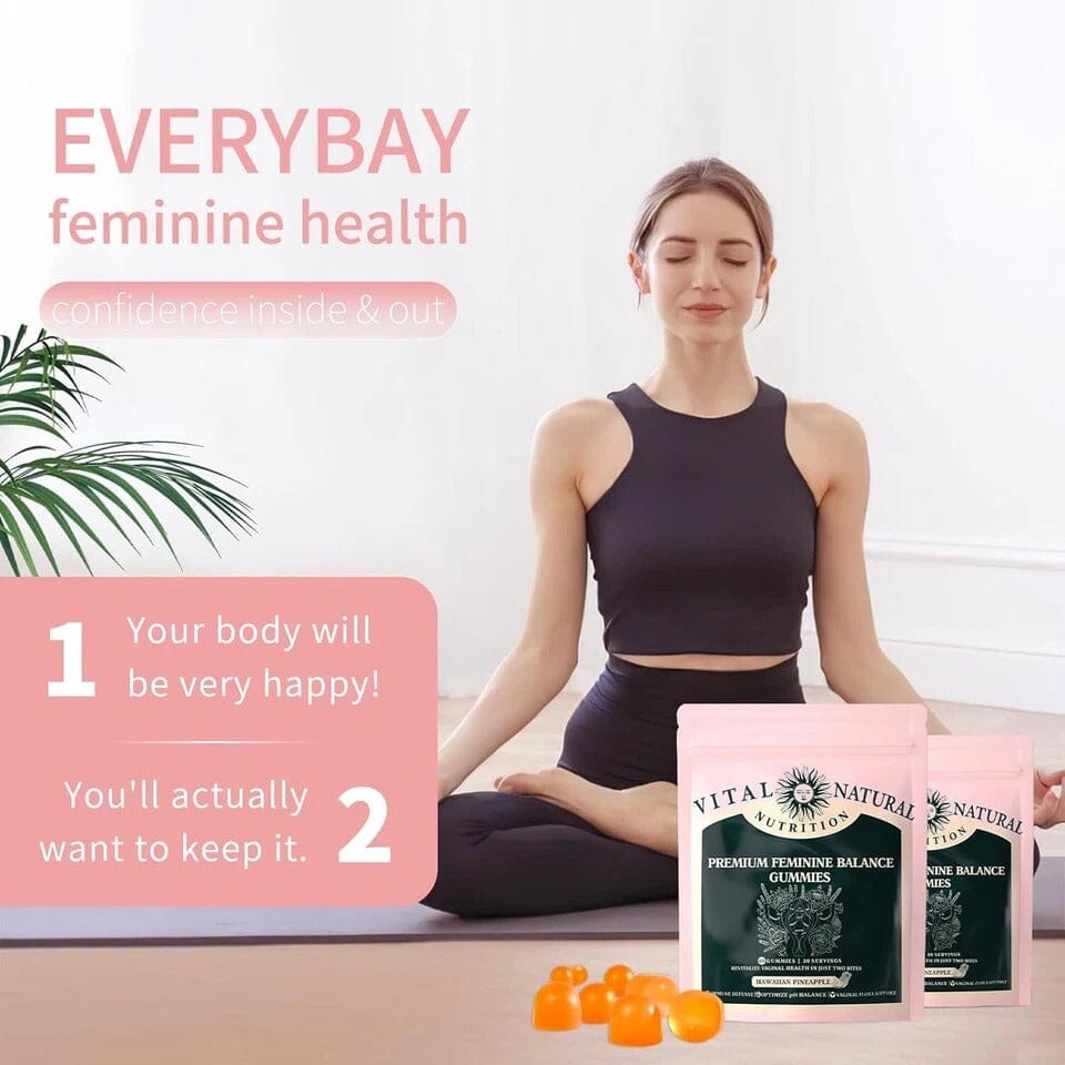 Vital Source Feminine Balance Gummies in Hawaiian Pineapple flavor by Aurenza Shop, featuring a bottle of 60 gummies on a white background.