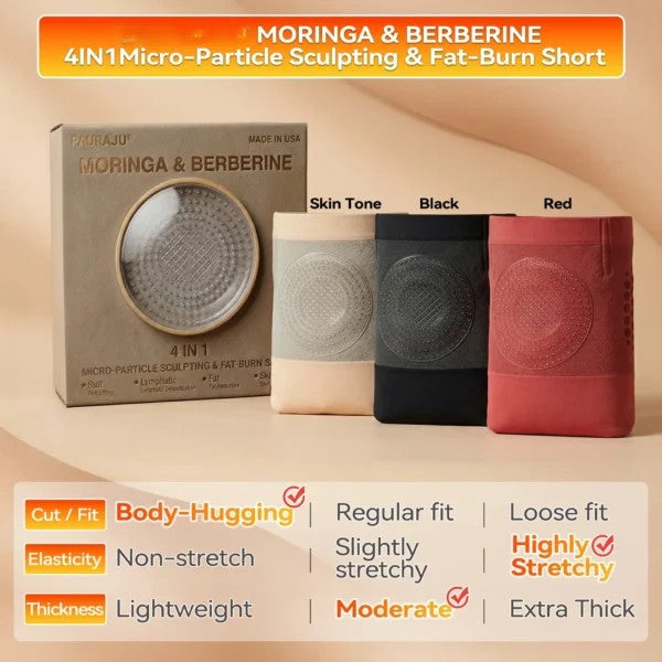 Aurenza Shop black M-L micro-particle sculpting and fat-burning shorts with Moringa and Berberine for slimming and shaping.
