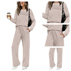 Beige women's crew neck top and drawstring pants set by Aurenza Shop, casual clothing ensemble for comfortable style.