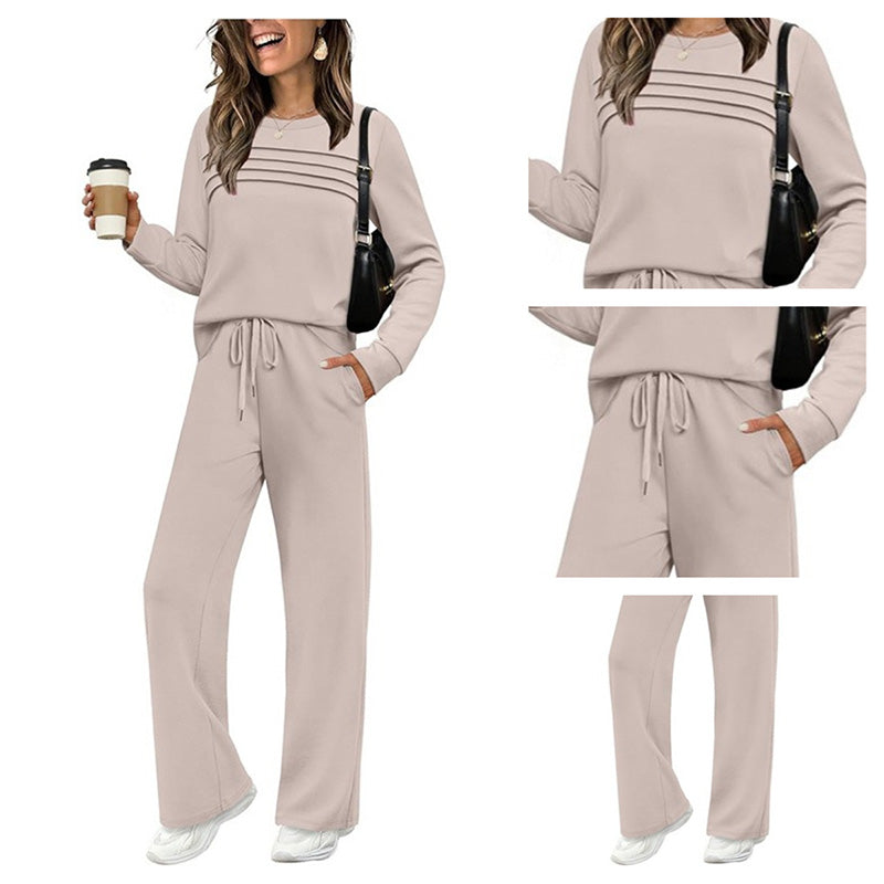 Beige women's crew neck top and drawstring pants set by Aurenza Shop, casual clothing ensemble for comfortable style.