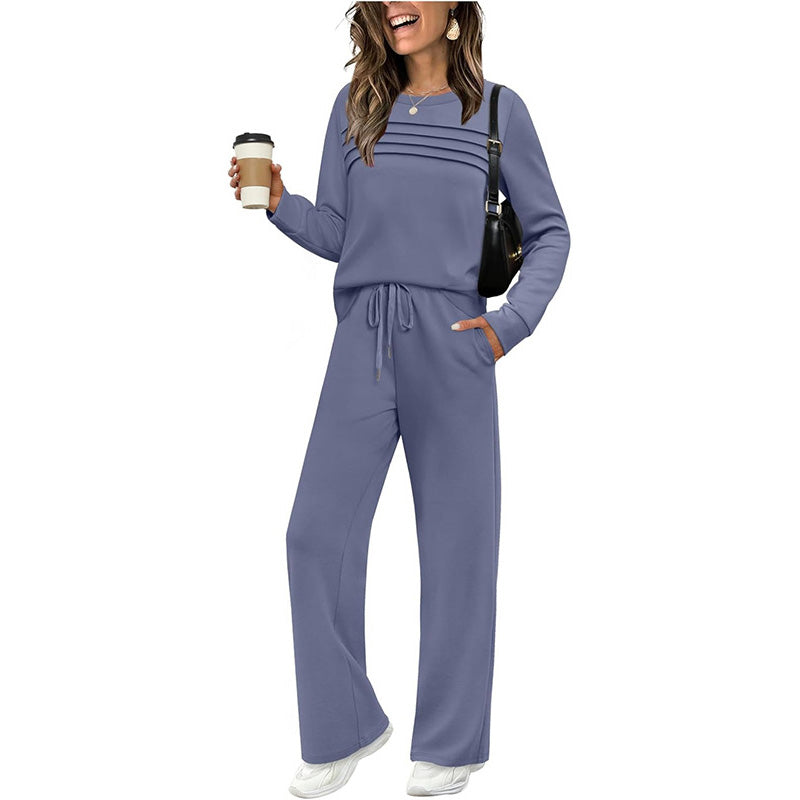 Beige women's crew neck top and drawstring pants set by Aurenza Shop, casual clothing ensemble for comfortable style.